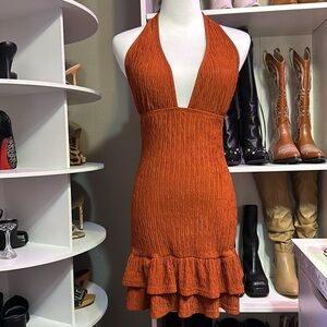 SHEIN Slayr Sexy Solid Color Textured Ruffle Hem Backless Halter Neck Dress